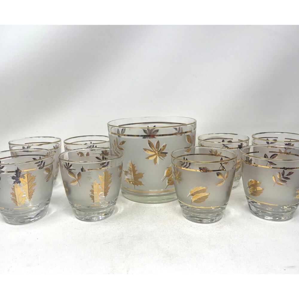 Vintage MCM Bar Libby Golden Foliage Leaf Glasses & Ice Bucket Set Of 8 Glasses